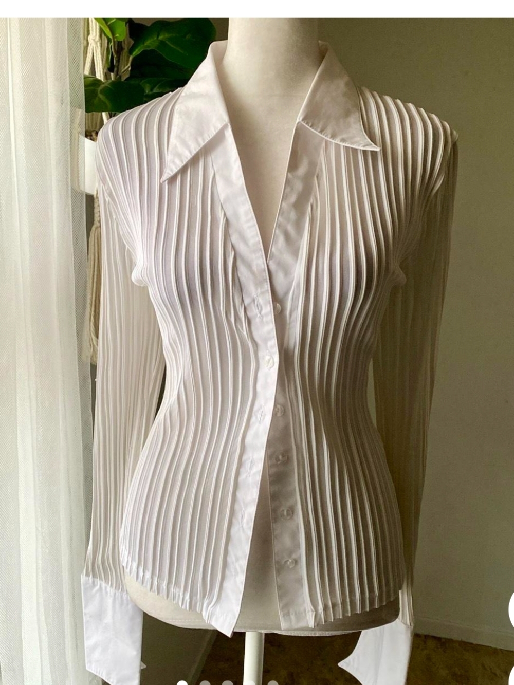 Sheer White Striped Long Sleeve Button Down Shirt